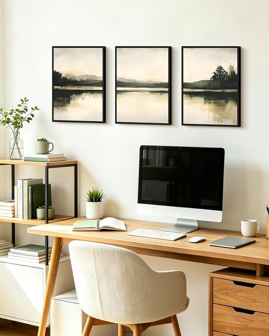 KUVIOKE Watercolor Abstract Mountain Lake Framed Wall Art Brown Landscape Nature Wilderness Painting Nordic Neutral Tan Illustration Decorative Home Decor 12x16in (Black Framed)