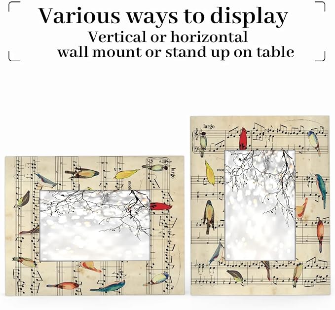 Retro Birds 5x7 Picture Frame Music Note Wooden Photo Frames for Tabletop Display Wall Mounting Fits 5x7 Pictures Home Office Decor