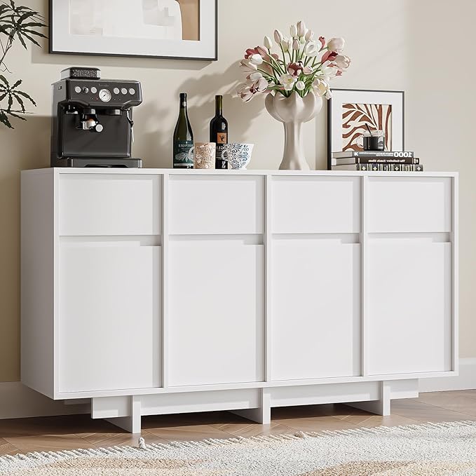CHUWELL 55" Sideboard Buffet Cabinet with 4 Sliding Doors and 4 Drawers,Minimalist Linear Design & Handleless Design,Side Board with Adjustable Shelf for Living Room,White