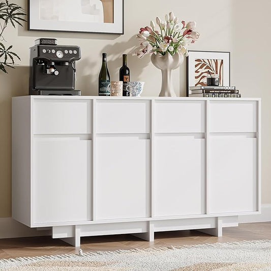 CHUWELL 55" Sideboard Buffet Cabinet with 4 Sliding Doors and 4 Drawers,Minimalist Linear Design & Handleless Design,Side Board with Adjustable Shelf for Living Room,White