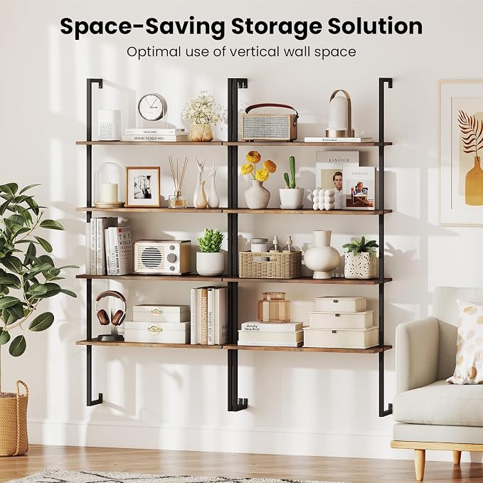 Tangkula 4-Tier Bookshelf, Wall-Mounted Open Bookcase with Metal Frame, Industrial Display Storage Ladder Shelf for Study, Living Room & Kitchen (2, Brown)