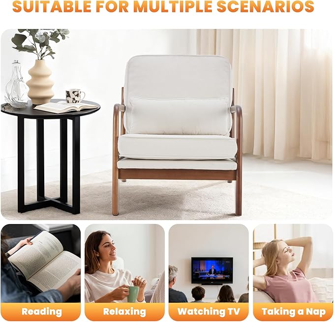 DUMOS Accent Chair Mid Century Modern Chair with Arms and Waist Cushion, Reading Chairs for Adults with Solid Frame, Lounge Side Sitting Armchair for Living Room, Bedroom, Balcony, Creamy