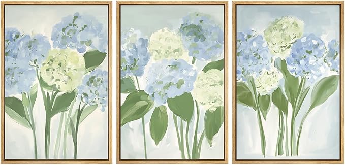 MUDECOR Framed Wall Art Print Set Blue Hydrangea Floral Botanical with Green Leaves Illustrations Modern Art Boho Decorative Colorful Chic for Living Room, Bedroom, Office - 16"x24"x3 Natural