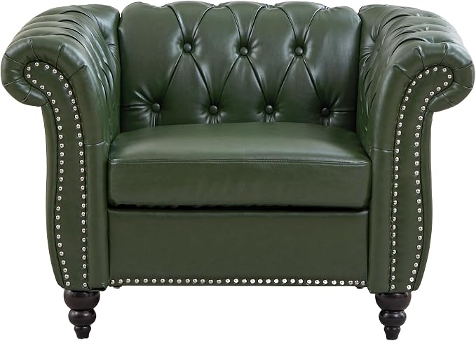 LEVNARY Chesterfield Armchair, Tufted Leather Accent Chair, Mid-Century Modern Single Chair with Rolled Arms and Nailhead Trim, PU Leather Reading Chair for Living Room (Green)