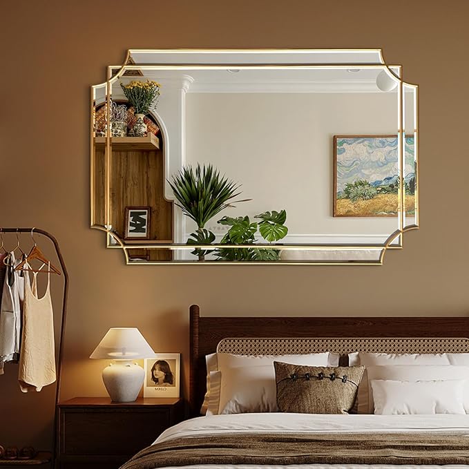 Gold Mirror for Wall, 48" x32" Wooden Framed, Polished Bevelled Rectangle Mirror, Modern Decorative Mirrors for Wall Decor, Irregular Mirror for Living Room, Bathroom, Entryway, Bedroom