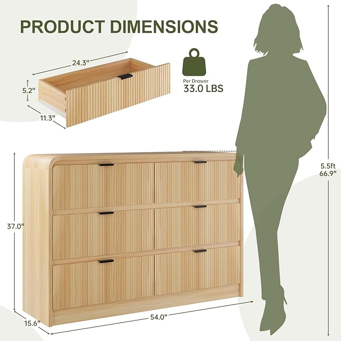 FURSUN 54" Wide Fluted 6 Drawer Dresser, Large Storage Wooden Dresser with Curved Profile & Metal Handles, Modern Chest of Drawers for Bedroom, Living Room, Natural Oak