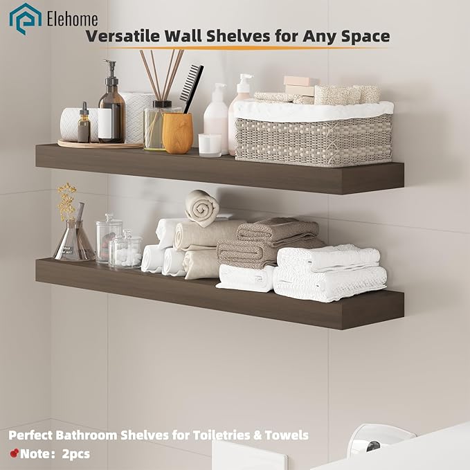 Floating Shelves Board for Wall with Brackets – 36" L x 10" W x 2" T Rich Walnut Melamine Wood Floating Shelves for Bathroom, Kitchen & Living Room Set of 2– DIY & Replacement
