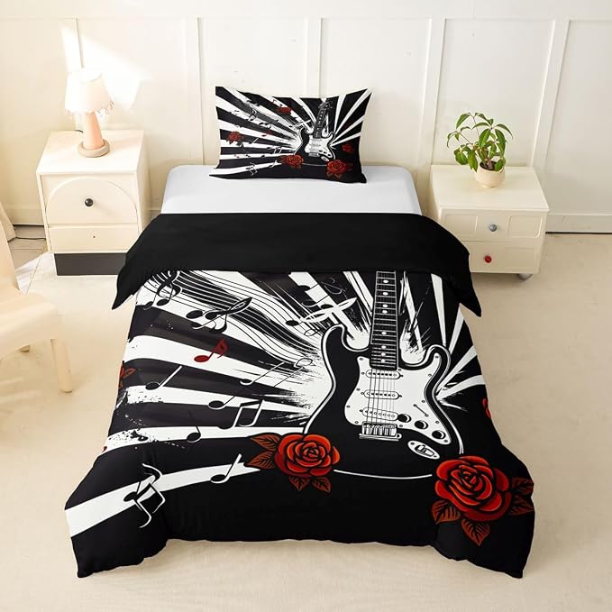 Erosebridal Guitar Toddler Comforter Cover Rock Roll Vintage Room Decor Bedding Set Abstract Striped Musical Notes Duvet Cover,Rose Floral Punk Music Bed Set
