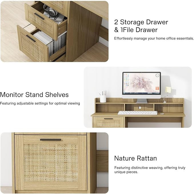 FUNKOCO Computer Desk with Rattan Drawers and Hutch - 47 Inch Home Office Boho Writing Desk with Storage File Drawer & Monitor Stand, Modern Wood Computer Table