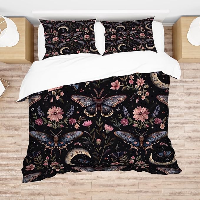 Dark Botanical Butterfly Duvet Covers King Size Fantasy Butterflies Fairy Monarch Inspiration Animal Dreamlike Night Garden Theme Comforter Cover 3 Piece Duvet Cover+2 Pillowcases 104"x88"