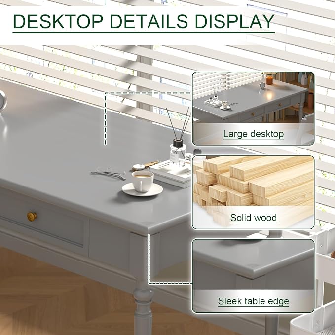 Solid Wood French Country Desk,Writing Desk with Storage Drawers,Farmhouse Computer Table Makeup Table Modern Simple Style,for Home Office Living Room Study Workspace Bedroom (Grey, 47.2IN)