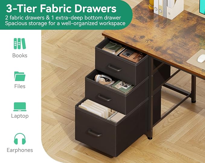 AODK 51 Inch Computer Desk with Drawers & USB Power Outlets, Reversible Home Office Desk with Storage Shelves, Work from Home, Modern Work/Writing/Study Table for Bedroom, Vintage