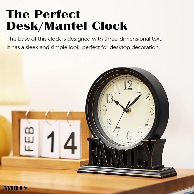 AYRELY® 6.5-Inches Table Clock, Vintage Family Non-Ticking Desk Clock, Retro Mantel Clocks for Living Room, Bedroom, Shelf, Fireplace, Farmhouse Décor (Black)
