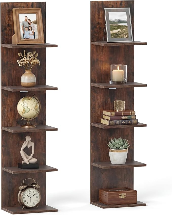 GOFLAME 5-Tier Wall Shelf, Wooden Display Floating Shelves, Wall Mounted Bookshelf Shelving Unit, Modern Storage Organizer Vanity Shelves for Living Room, Bedroom, Home Office (2,Rustic Brown)