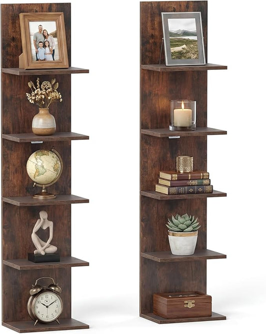 GOFLAME 5-Tier Wall Shelf, Wooden Display Floating Shelves, Wall Mounted Bookshelf Shelving Unit, Modern Storage Organizer Vanity Shelves for Living Room, Bedroom, Home Office (2,Rustic Brown)