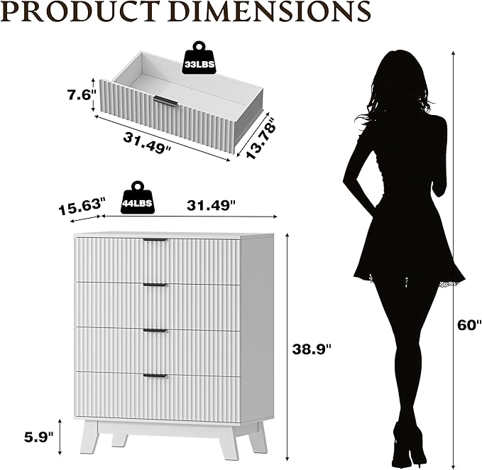 39" Tall Dresser for Bedroom, 4-Drawer Fluted Chest of Drawers, Modern Wood Highboy with Deep Storage, Metal Slides & Handles, Anti-Tip Kit, Vertical Clothes Organizer for Apartment, Nursery