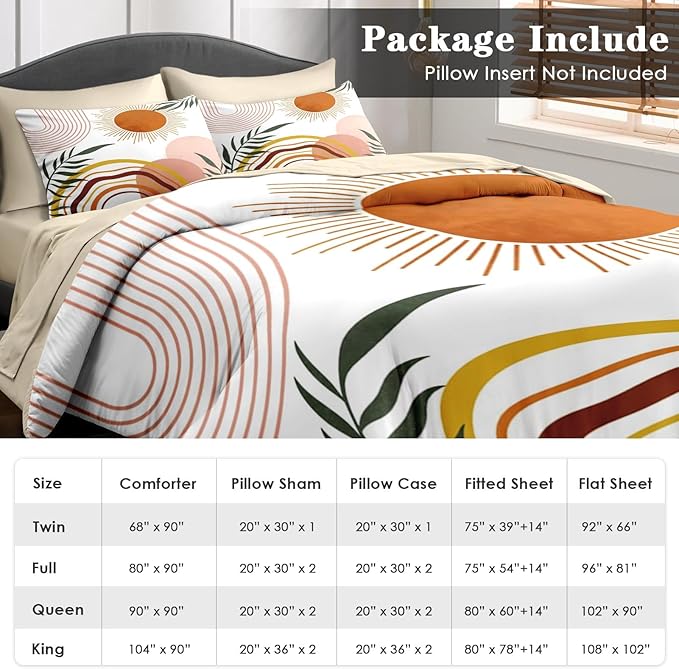 Pamnest Comforter Set Queen Size, Boho Retro 7 Pcs Bedding for Kids and Adults, Vintage Sunshine Bed Sheet Sets with Fitted Sheet 2 Pillowcase & 2 Sham for Bedroom Bed Decor