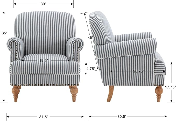 Linen Accent Chairs Set of 2 Mid-Century Modern Living Room Armchair with Nailhead Trim & Wood Legs Comfy Upholstered Single Sofa Chair for Lounge/Bedroom/Reception, Blue Stripe