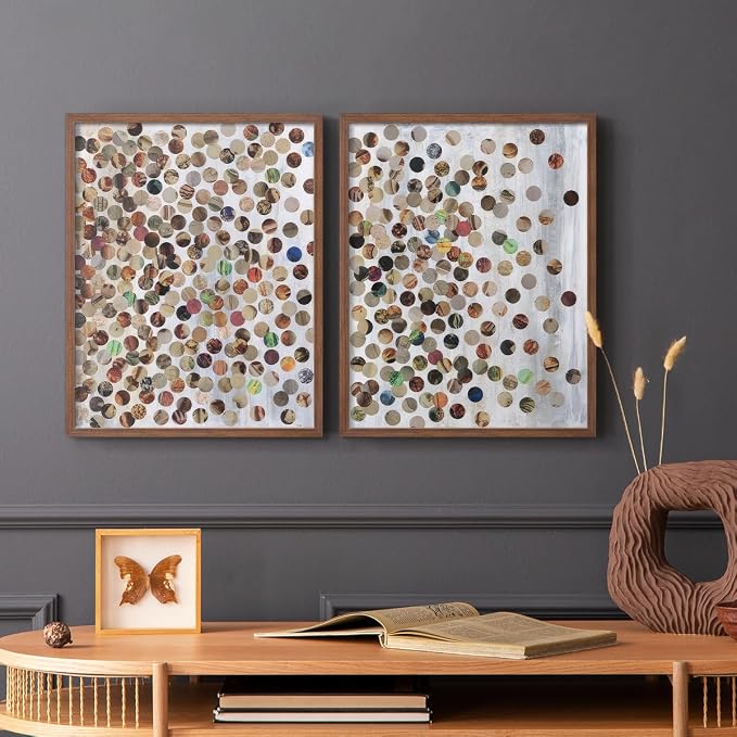 Renditions Gallery Set of 2 Peel & Stick Framed Prints, Textured Abstract Wall Art, Scattered Circular Cutouts Wall Decor, Re-Stickable - Ready to Hang - 11"x14" - Walnut Frame LT588