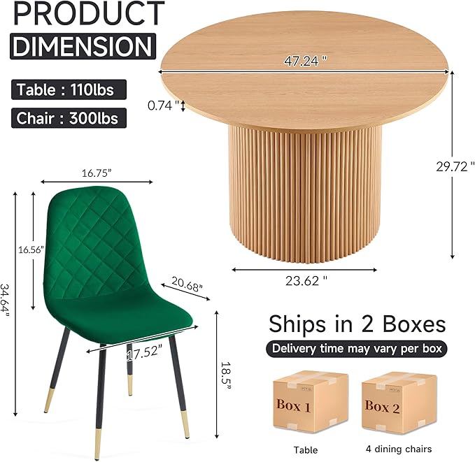 Round Dining Table Set for 4, Modern Mid Century Wooden Kitchen & Dining Room Table Set, 5 Piece Space Saving (47In Oak Table + 4 Green Velvet Chairs)