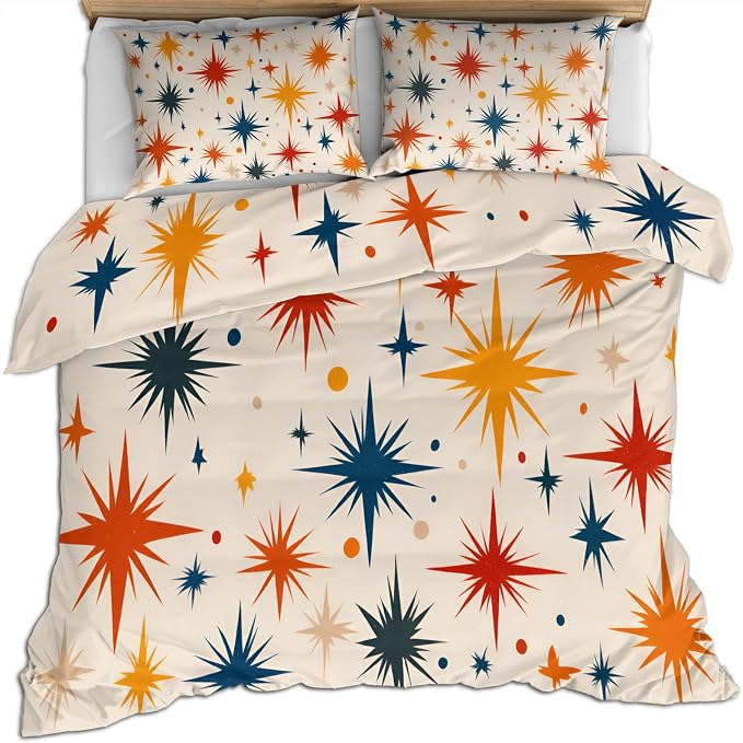 Retro Atomic Duvet Cover Twin Size, Vintage 50s Mid Century Bedding Set 2 Piece Kids and Adults Abstract Star Patterned Comforter Cover with Zipper Ties & 1 Pillowcases
