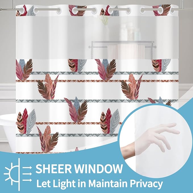 No Hooks Boho Tribal Shower Curtain with Snap in Liner Feathers Bohemian Shower Curtains for Bathroom Decorative Geometric Stripes Aesthetic Fabric Waterproof Inner Liner 71x74 Inch