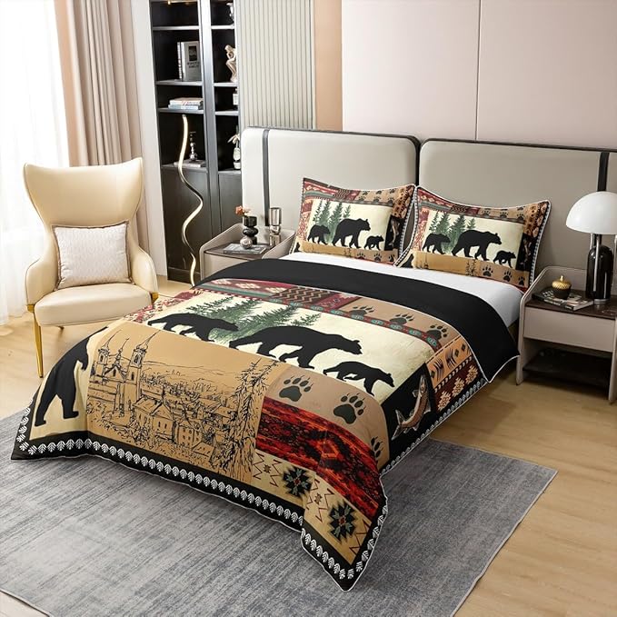 100% Cotton Rustic Bear Duvet Cover Full, Southwestern Native American Bedding Set, Wild Animal Bear Claw Comforter Cover, Brown Black Bears Silhouette Woodland Farmhouse Camper Quilt Cover