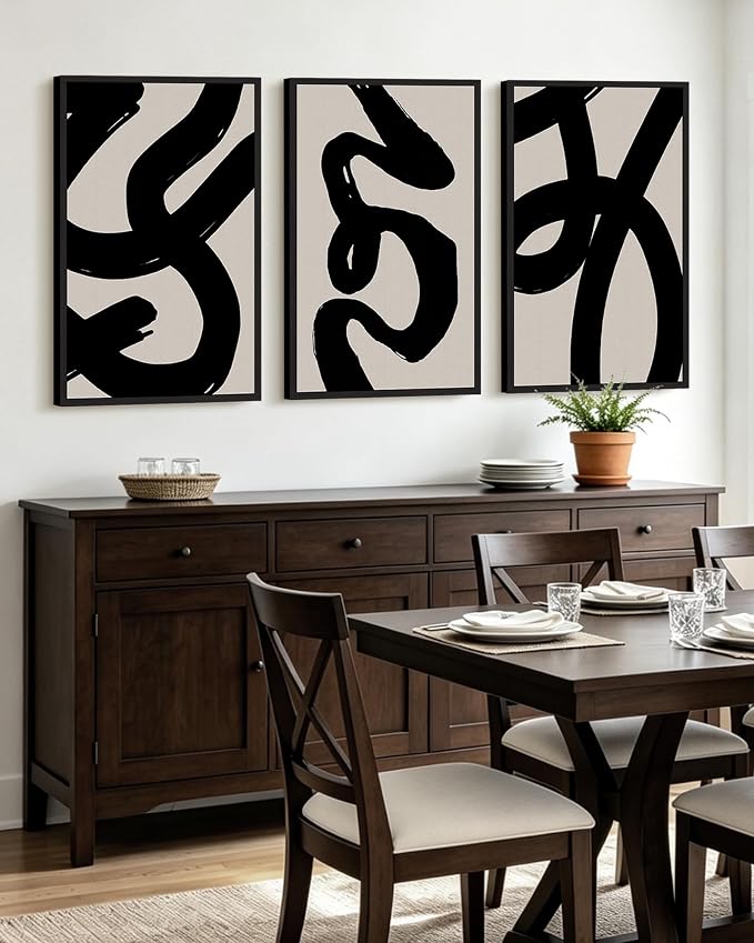 KUVIOKE Black Abstract Framed Wall Art Ink Wash Minimalist Lines Canvas Painting Artwork for Bedroom Hallway 24x36in (Black Framed)