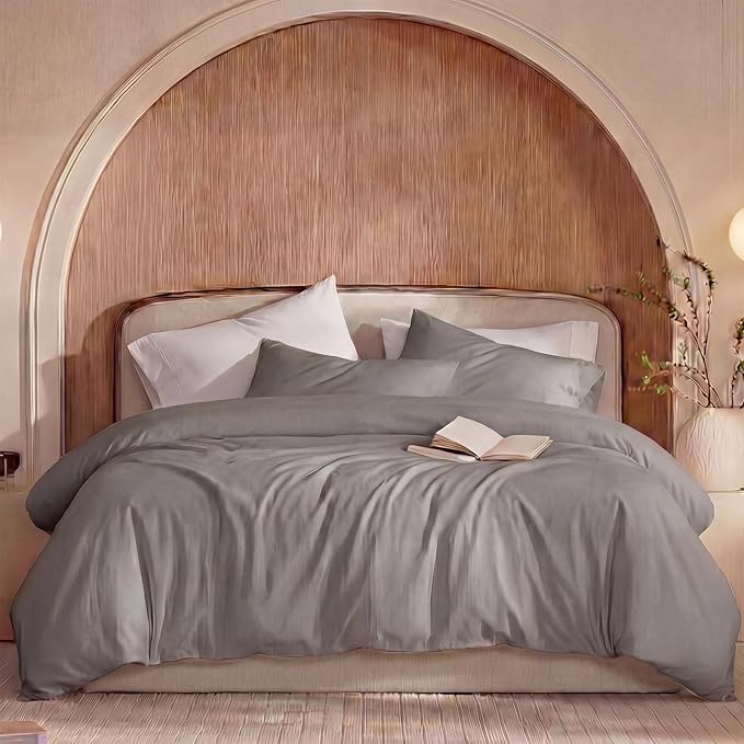 100% Washed Cotton Duvet Cover King Size – Dark Grey, Linen-Like Texture, Super Soft & Breathable Bedding Set, 3-Piece Durable Percale Comforter Cover
