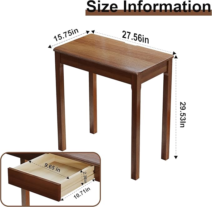 Solid Wooden Desk with Drawers - 28 x 16 Inch Narrow Desks for Small Spaces, Rubberwood Simple Study Table, Small Writing Desk for Bedroom - Natural Boho Desks