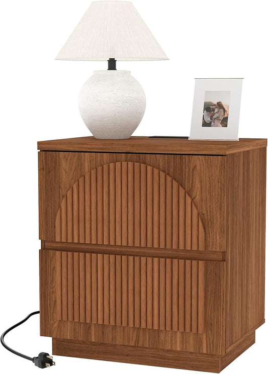 Nightstand with Drawers, 2-Drawer Arched Fluted Nightstand with Charging Station, Wooden Night Stand with Storage,Modern Furniture for Bedroom Organization, Walnut