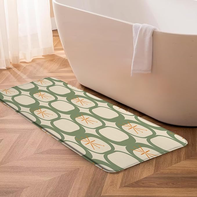 Mid Century Modern Bath Mat Abstract Atomic Geometric Retro 1950s Sage Green Bathroom Kitchen Toilet Rugs,24x60 Inch