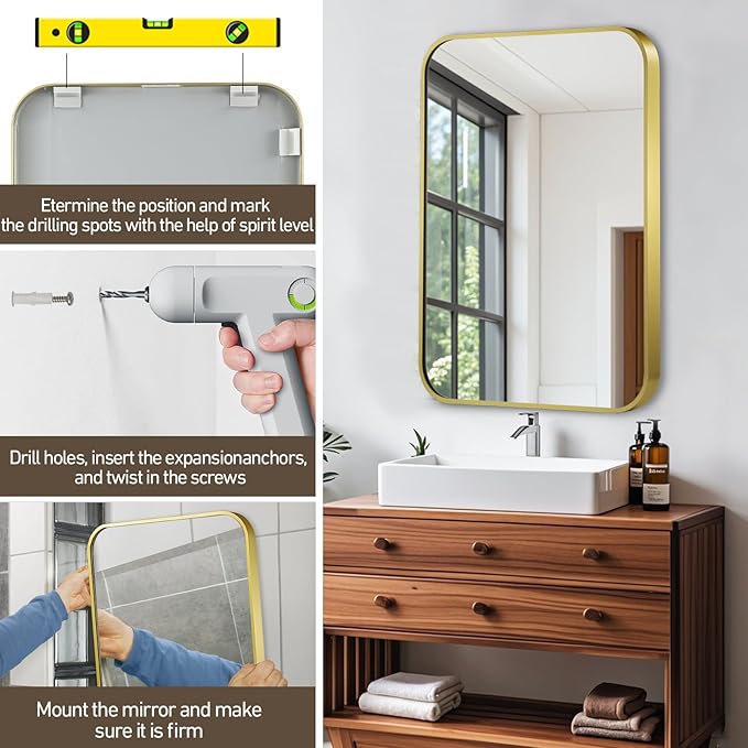 Matte Gold Mirror, 16x20 Inch Brushed Gold Mirror, Aluminum Alloy Framed Vanity Mirror, Rounded Rectangle Bathroom Mirror for Over Sink, Anti-Rust Wall Mirror (Horizontally or Vertically)