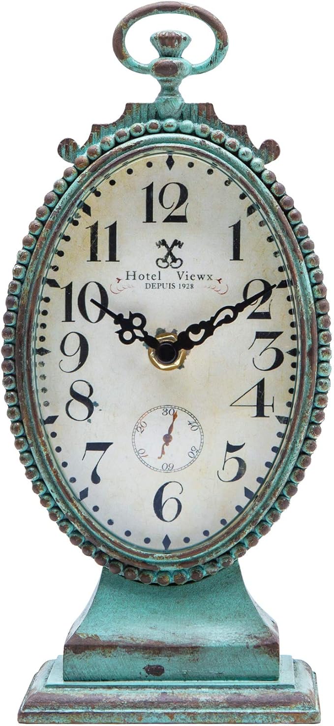 NIKKY HOME Vintage Table Clock - Battery Operated Rustic Distressed Style - Shabby Chic Home Decor for Fireplace Mantel, Shelf, Desktop, Countertop - Green