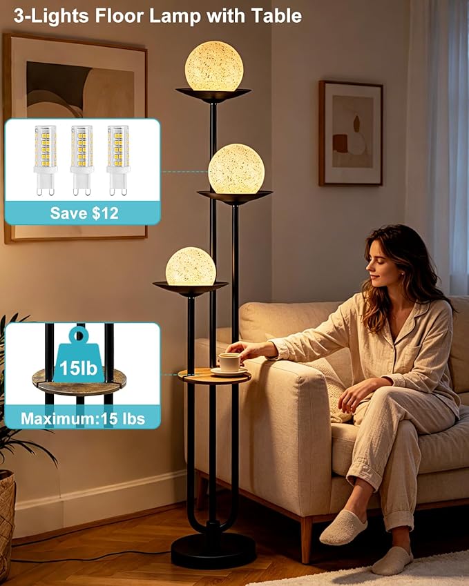 Lightdot Globe Floor Lamp with Shelf 3-Lights Modern Dimmable Floor Lamps for Wedding/Party, 3000K Warm White Bulbs Included, Black Tall Standing Lamp with Grey Shade for Living Room/Bedroom