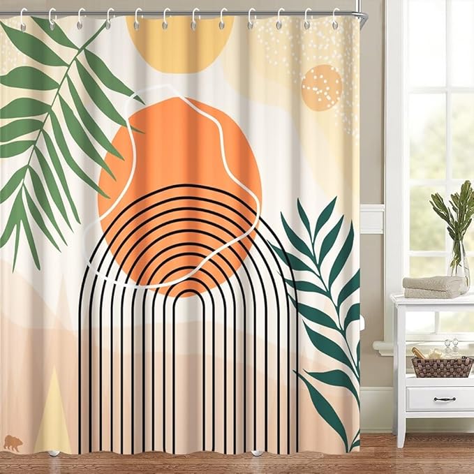 Modern Boho Shower Curtain for Bathroom Abstract Minimalist Bathroom Decor Set Green Leaves Arch Stripes Orange Sun Bathtub Curtains Machine Washable Waterproof Polyester Fabric with Hooks 72x96 Inch