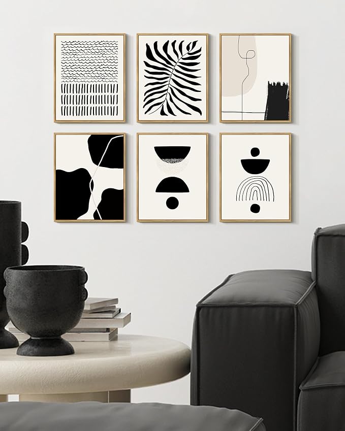 KUVIOKE Black Abstract Framed Wall Art Boho Room Decor Set of 6 Minimalist Geometric Line Art Bohemian Mid Century Modern Prints for Bedroom Living Room 8x10in (Natural Framed)