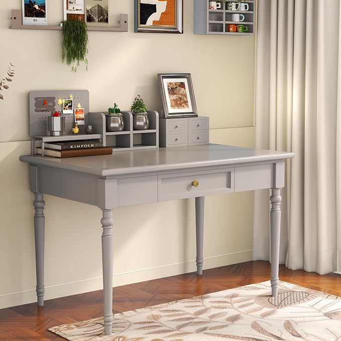Solid Wood French Country Desk,Writing Desk with Storage Drawers,Farmhouse Computer Table Makeup Table Modern Simple Style,for Home Office Living Room Study Workspace Bedroom (Grey, 31.5IN)