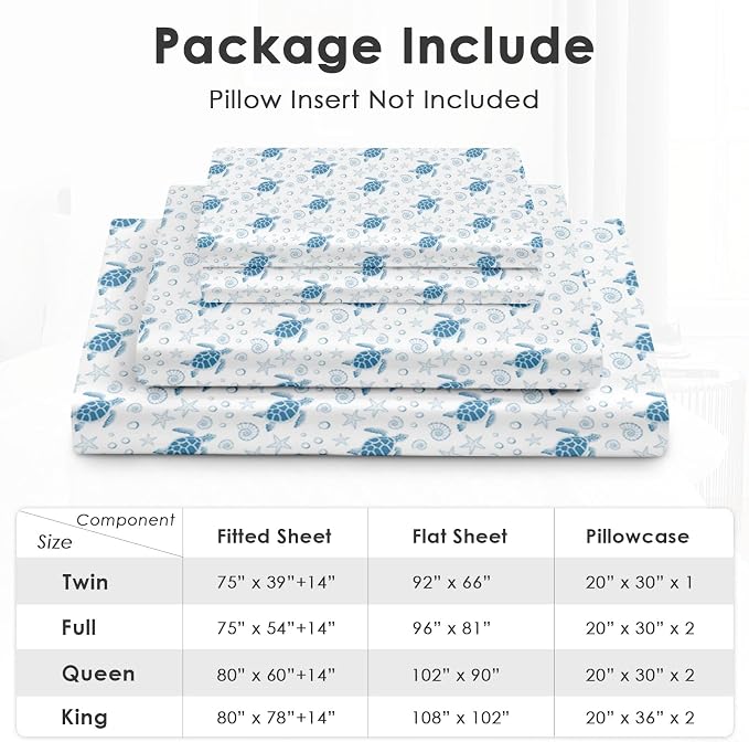 Pamnest Twin Size Bed Sheet Sets, Sea Turtle Ocean Soft Microfiber 3 Pcs Bedding Sets for Kids and Adults Bedroom Bed Decor, Animal Starfish Beach Flat, Fitted Sheet and Pillowcases