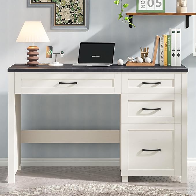 Vabches Farmhouse 47" Executive Desk, Computer Desk with File Drawer and Charging Station, Workstation for Home Office, Study,(Black).