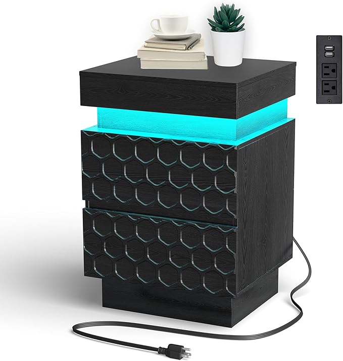 Led Nightstand with Charging Station, Hexagonal Fluted Night Stand with Sliding Top, Wooden Bedside Table with 3 Drawers, Modern Bed Side End Table for Bedroom, Living Room, Black