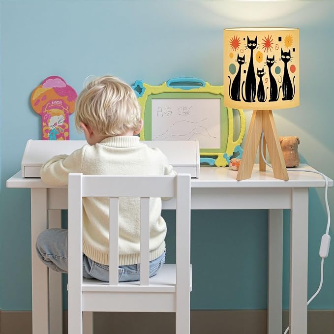 Tripod Table Lamp Mid Century Modern Atomic Cat Diamonds Black Retro Abstract Bedside Lamps Small Lamp Nightstand Lamp with Linen Lampshade Table Lamps for Bedroom Livingroom Nursery