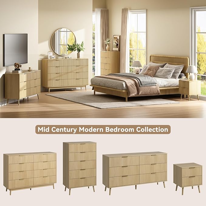 CARPETNAL Fluted Dresser and Nightstand Sets for Bedroom, 3 Pcs Bedroom Set, 6-Drawer Dresser & 2-Drawer Nightstand Set of 2, Modern Wood Chest of Drawers for Living Room, Entryway, Oak