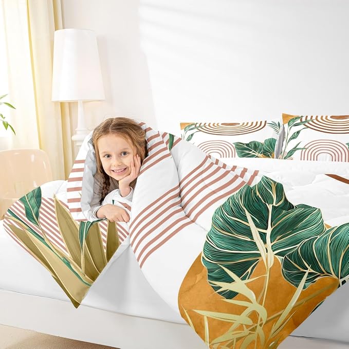 Erosebridal Mid Century Boho Bedding Set Twin Simple Retro Tropical Palm Leaf Comforter Set Orange Pink Sun Arch Minimalist Down Comforter for Teenager Geometric Abstract Line Bed Set Bedroom Decor