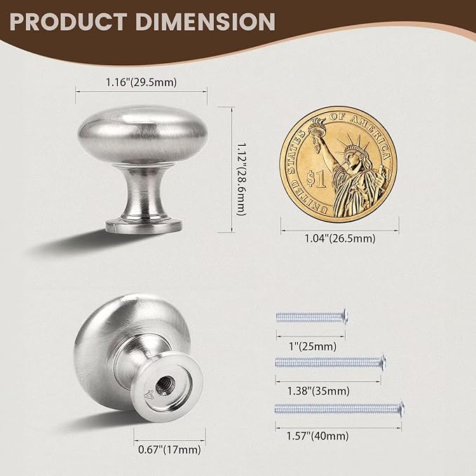 6 Pack Brushed Nickel Cabinet Knobs,1-3/16 Inch(29.5mm) Solid Drawer Knobs Kitchen Cabinet Pulls,Round Dresser Knobs, Modern Drawer Pulls for Dresser Drawers