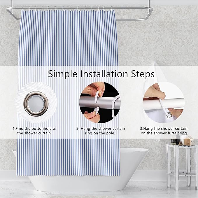 Abstract Stripes Fabric Bathroom Shower Curtain Sky Blue Lines Modern Minimalist Shower Curtain with Hooks Polyester Waterproof Artistic Decor, 65x72 Inch