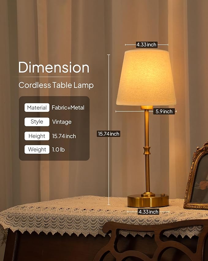 EppieBasic Cordless Table Lamp Rechargeable: Fast Charging & Long Lasting - 2700K Warm Light Vintage Gold Lamps - Dinning Living Room Bedroom - Beige Shade