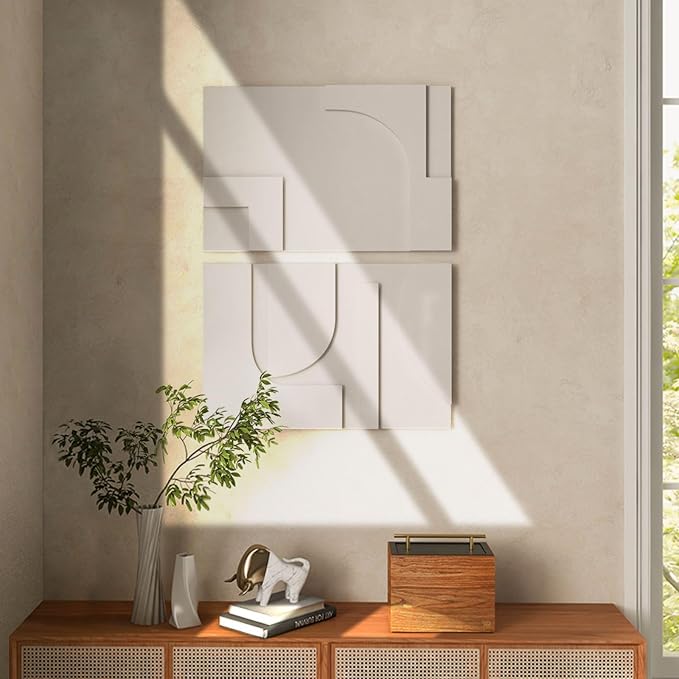 homary 2-Piece White Japandi 3D Abstract Wall Art Set – Modern Minimalist Carved Wall Sculpture for Living Room & Office (White, 23.6" W x 1.2" D x 15.7" H, Wall Art)
