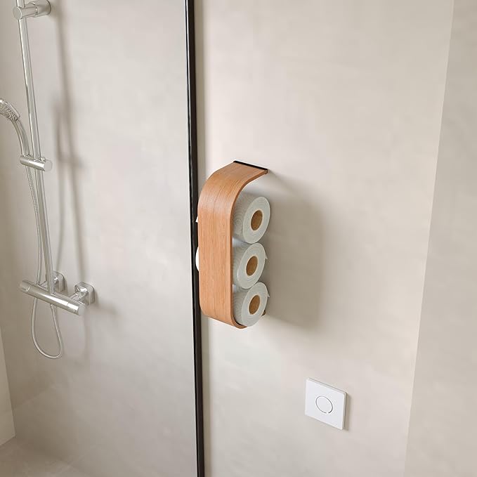 Bathroom Towel Holder, Toilet Paper Holder, Wooden Shelf, Walnut WC Roll Storage, Wall Mount Floating Rolls Rack, Unique Holders for Bathroom, TP Organizer (Ash, Wide)