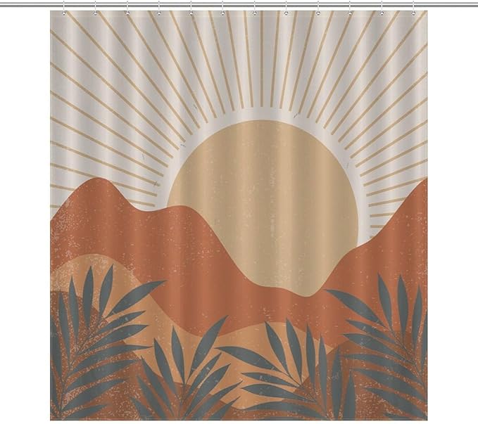 Mid Century Boho Sunset Shower Curtains Vintage Farmhouse Abstract Plant Mountain Sunset Washable Waterproof Fabric for Bathroom Decor Bathtub with 12 Hooks 66x72in（168x183cm）